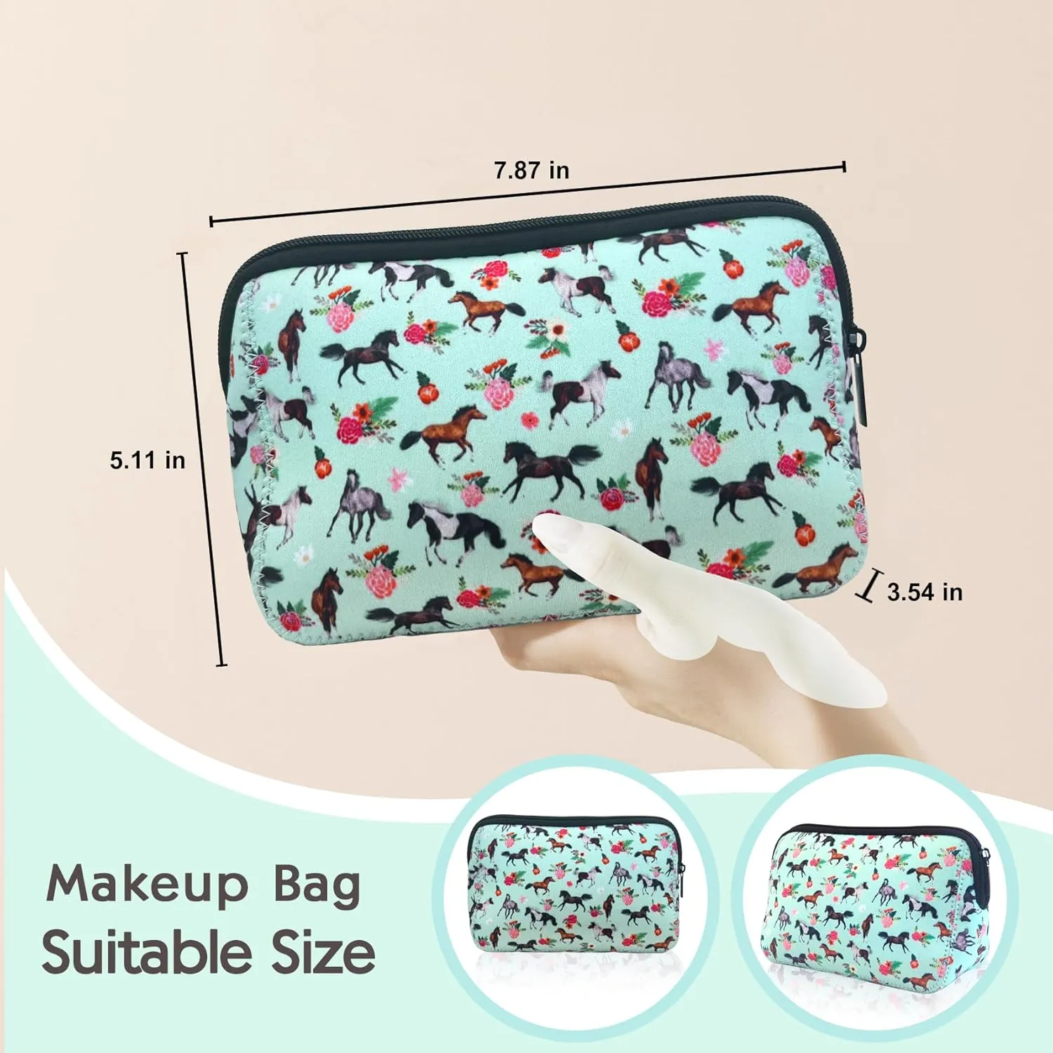Neoprene Makeup Bag Horse Toiletry Bag for Women Cute Cosmetic Bags with Zipper Portable Makeup Pouches for Purse Pretty Gifts for Teacher Mom Sister Girlfriend