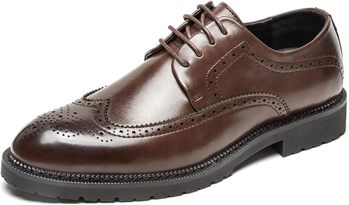 New Dress Oxford for Men Lace Up Brogue Wingtips Burnish Round Toe Vegan Leather Rubber Sole Block Heel Slip Resistant Prom