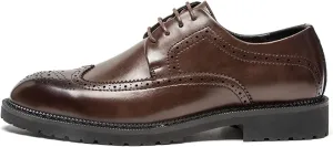New Dress Oxford for Men Lace Up Brogue Wingtips Burnish Round Toe Vegan Leather Rubber Sole Block Heel Slip Resistant Prom