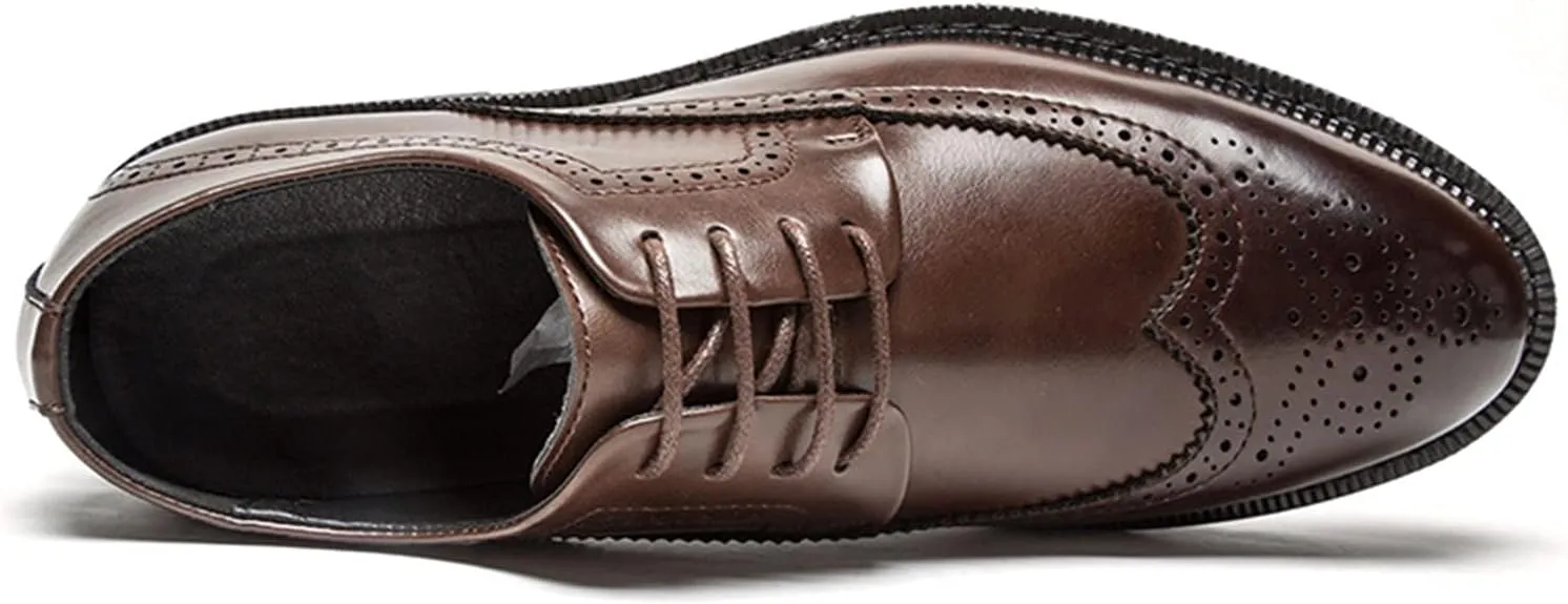 New Dress Oxford for Men Lace Up Brogue Wingtips Burnish Round Toe Vegan Leather Rubber Sole Block Heel Slip Resistant Prom