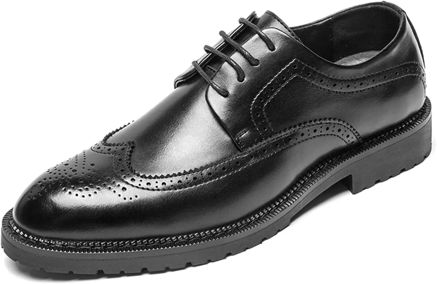 New Dress Oxford for Men Lace Up Brogue Wingtips Burnish Round Toe Vegan Leather Rubber Sole Block Heel Slip Resistant Prom