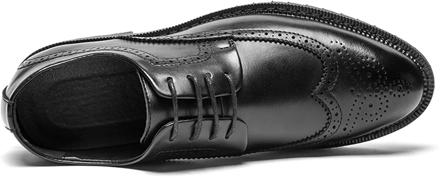 New Dress Oxford for Men Lace Up Brogue Wingtips Burnish Round Toe Vegan Leather Rubber Sole Block Heel Slip Resistant Prom