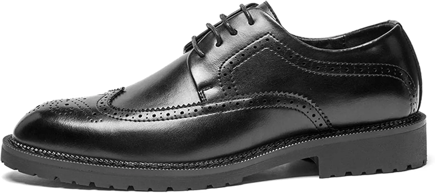 New Dress Oxford for Men Lace Up Brogue Wingtips Burnish Round Toe Vegan Leather Rubber Sole Block Heel Slip Resistant Prom