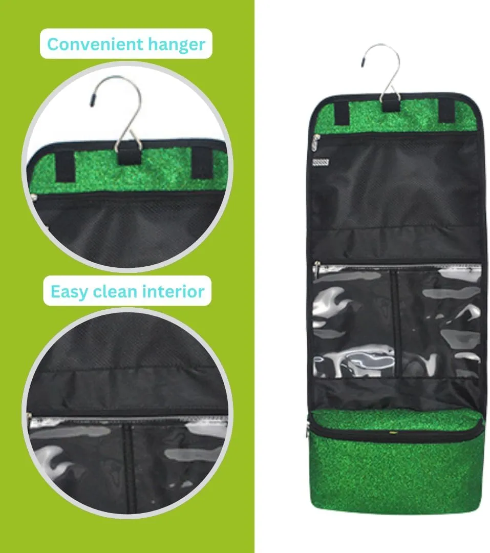 NGIL Glitter Travel Hanging Toiletry Bag for Cheerleaders and Dance Teams, Toiletry Organizer and Toiletry Bag for Women, Cosmetic Travel Bag(Glitter-Green)