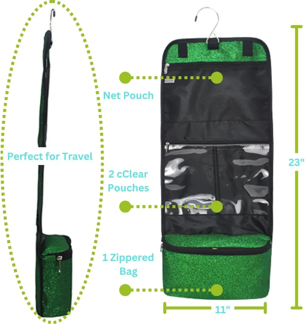 NGIL Glitter Travel Hanging Toiletry Bag for Cheerleaders and Dance Teams, Toiletry Organizer and Toiletry Bag for Women, Cosmetic Travel Bag(Glitter-Green)