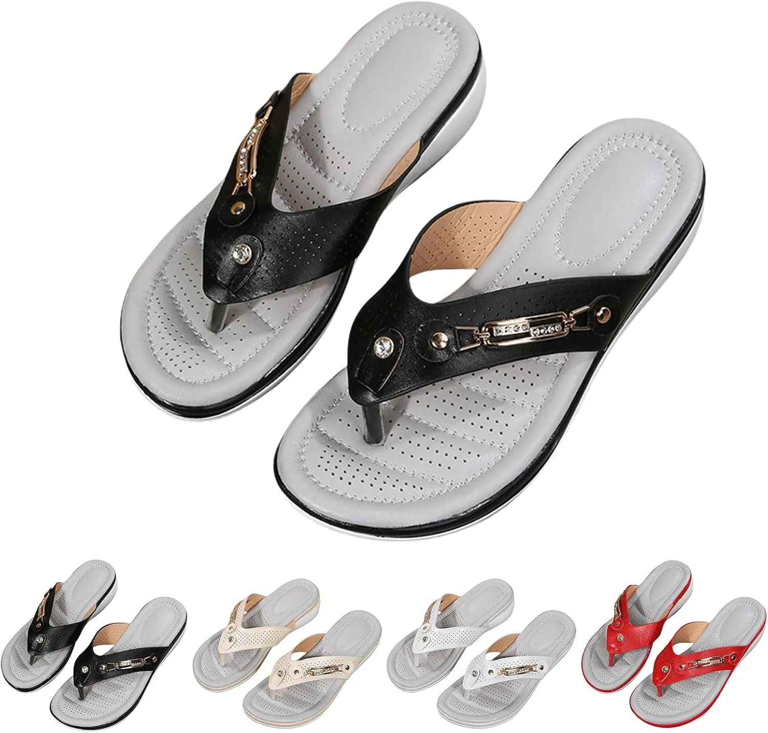 Orthopedic Sandals for Women Arch Support Flip Flops Summer Casual Hollow Metal Buckle Wedge Sandals Comfortable Walking Slippers