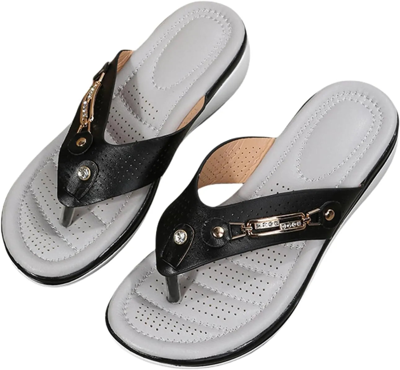 Orthopedic Sandals for Women Arch Support Flip Flops Summer Casual Hollow Metal Buckle Wedge Sandals Comfortable Walking Slippers