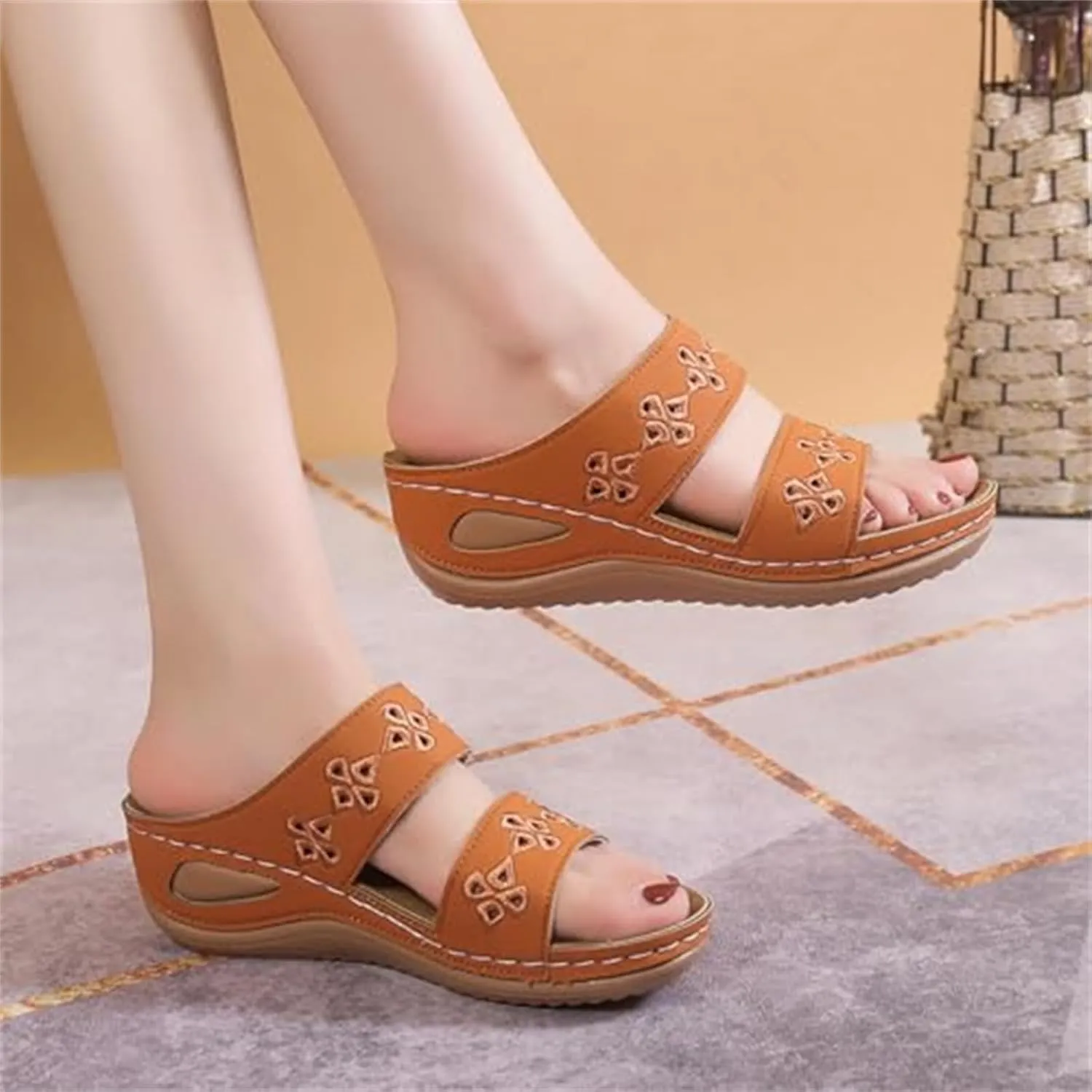 Orthopedic Sandals for Women, Open Toe Slip On Slippers with Arch Support, Comfortable Wedge Sandal, Bohemian Embroidered Sandals Summer Vacation Shoes Barefoot Footwear Soft Casual Shoes for Beach
