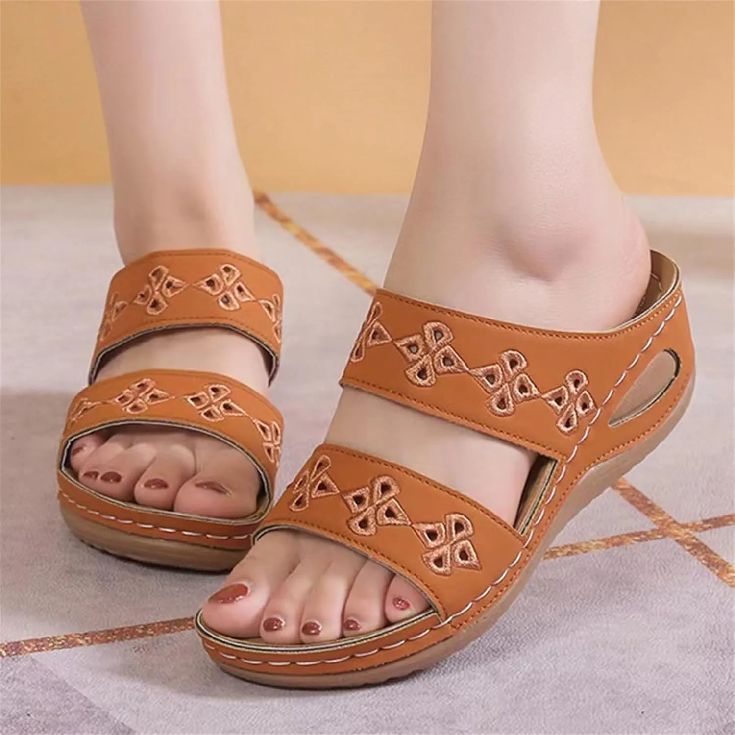 Orthopedic Sandals for Women, Open Toe Slip On Slippers with Arch Support, Comfortable Wedge Sandal, Bohemian Embroidered Sandals Summer Vacation Shoes Barefoot Footwear Soft Casual Shoes for Beach