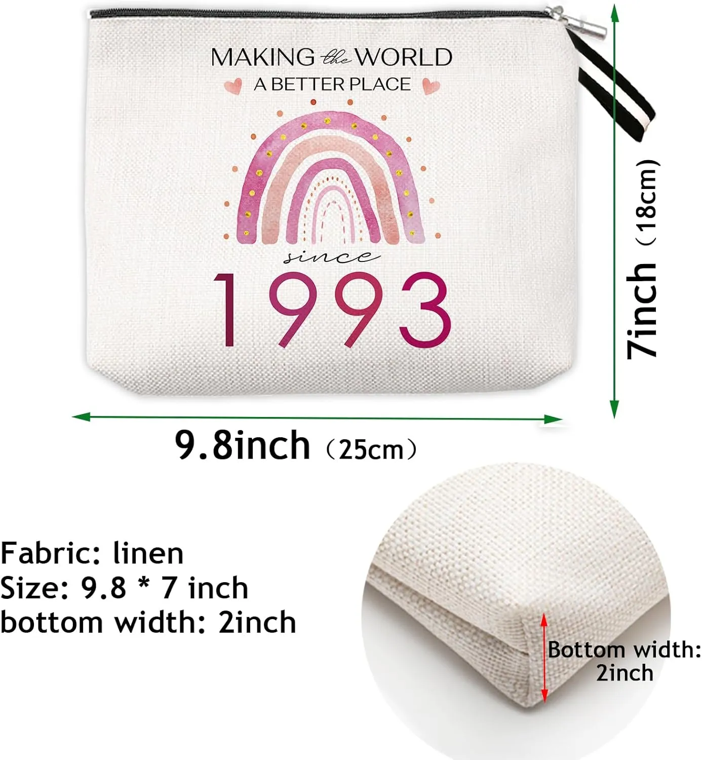 OUZ 31st Birthday Gifts for Her, Birthday Gifts Cosmetic Bag for Friend, Sister, Her, Travel Makeup Organizer Zipper Pouch-Making The World a Better Place Since (32st-1993)