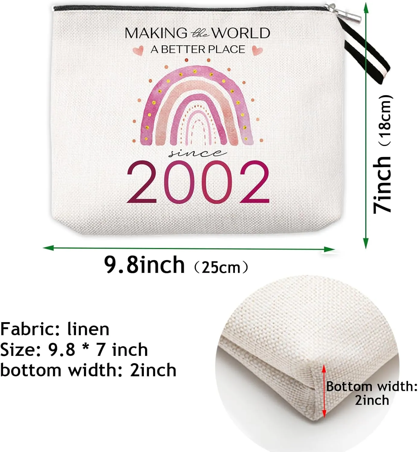 OUZ Birthday Gifts for Her, Birthday Gifts Cosmetic Bag for Friend, Sister, Her, Travel Makeup Organizer Zipper Pouch-Making The World a Better Place Since (23st-2002)