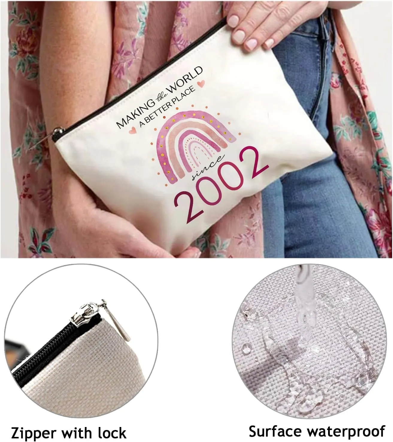OUZ Birthday Gifts for Her, Birthday Gifts Cosmetic Bag for Friend, Sister, Her, Travel Makeup Organizer Zipper Pouch-Making The World a Better Place Since (23st-2002)
