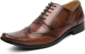 Oxford Dress Shoes for Men Lace Up Brogue Embossed Wing Tip Plain Burnished Toe Vegan Leather Rubber Sole Block Heel Non Slip Business