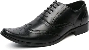 Oxford Dress Shoes for Men Lace Up Brogue Embossed Wing Tip Plain Burnished Toe Vegan Leather Rubber Sole Block Heel Non Slip Business