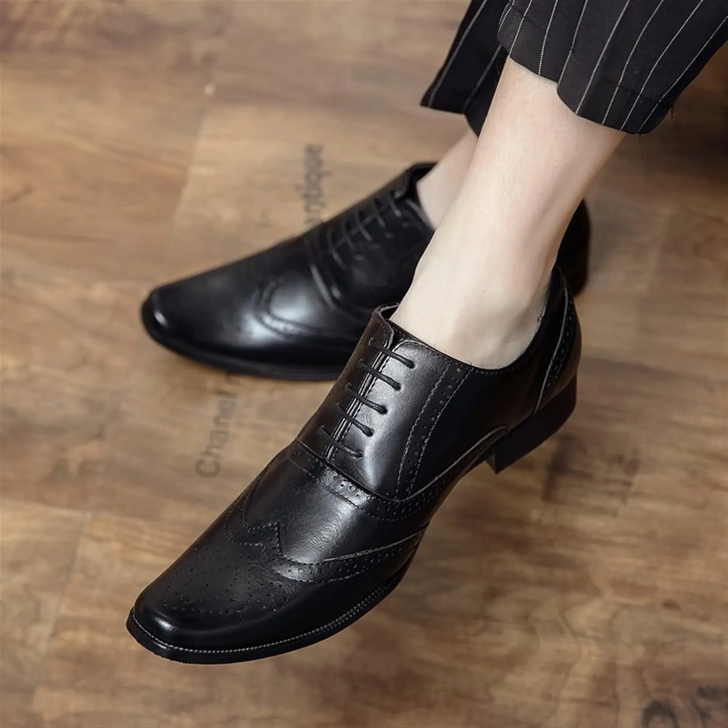 Oxford Dress Shoes for Men Lace Up Brogue Embossed Wing Tip Plain Burnished Toe Vegan Leather Rubber Sole Block Heel Non Slip Business