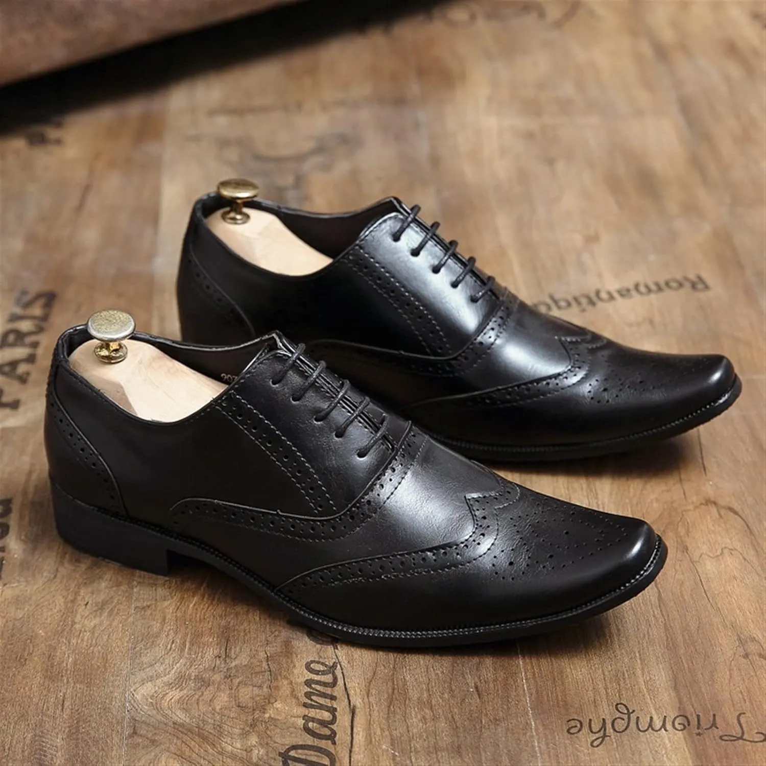 Oxford Dress Shoes for Men Lace Up Brogue Embossed Wing Tip Plain Burnished Toe Vegan Leather Rubber Sole Block Heel Non Slip Business