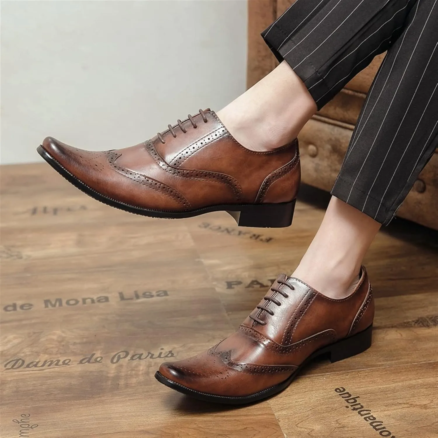 Oxford Dress Shoes for Men Lace Up Brogue Embossed Wing Tip Plain Burnished Toe Vegan Leather Rubber Sole Block Heel Non Slip Business
