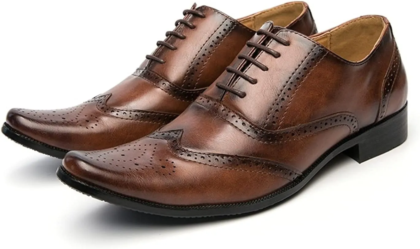 Oxford Dress Shoes for Men Lace Up Brogue Embossed Wing Tip Plain Burnished Toe Vegan Leather Rubber Sole Block Heel Non Slip Business