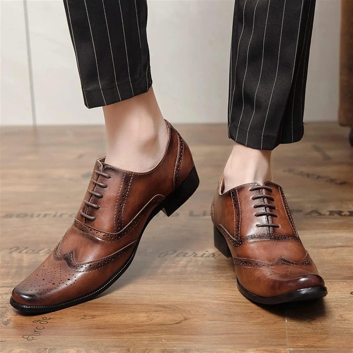 Oxford Dress Shoes for Men Lace Up Brogue Embossed Wing Tip Plain Burnished Toe Vegan Leather Rubber Sole Block Heel Non Slip Business