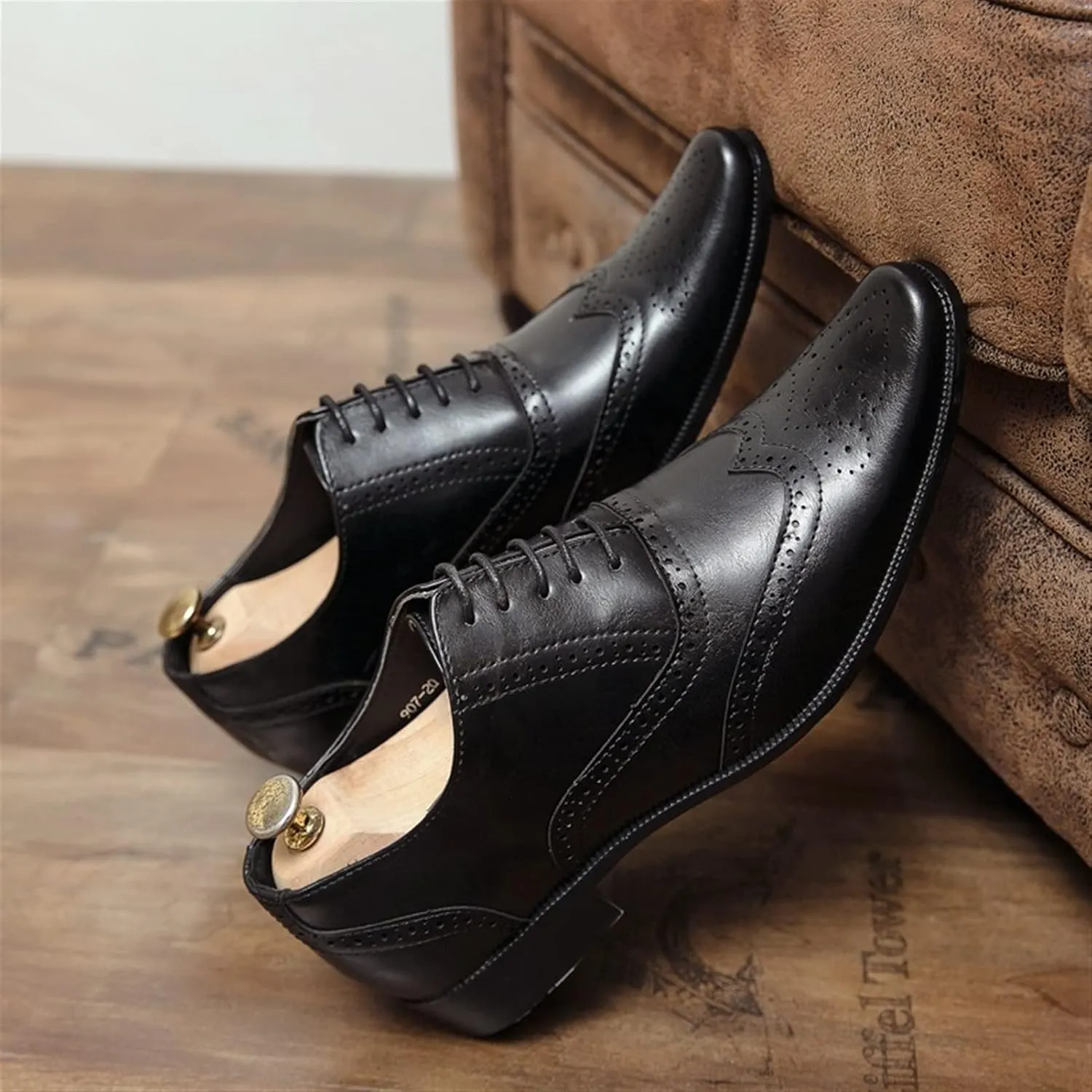 Oxford Dress Shoes for Men Lace Up Brogue Embossed Wing Tip Plain Burnished Toe Vegan Leather Rubber Sole Block Heel Non Slip Business