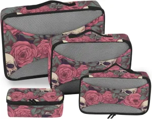 Packing Cubes for Travel 4 Set Skull Head Skeleton Rose Flower Luggage Set Suitcase Organizer Bags Mesh Accessories Storage Pouch Toiletry Packing Cubes
