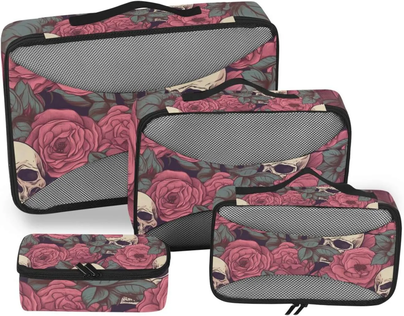 Packing Cubes for Travel 4 Set Skull Head Skeleton Rose Flower Luggage Set Suitcase Organizer Bags Mesh Accessories Storage Pouch Toiletry Packing Cubes