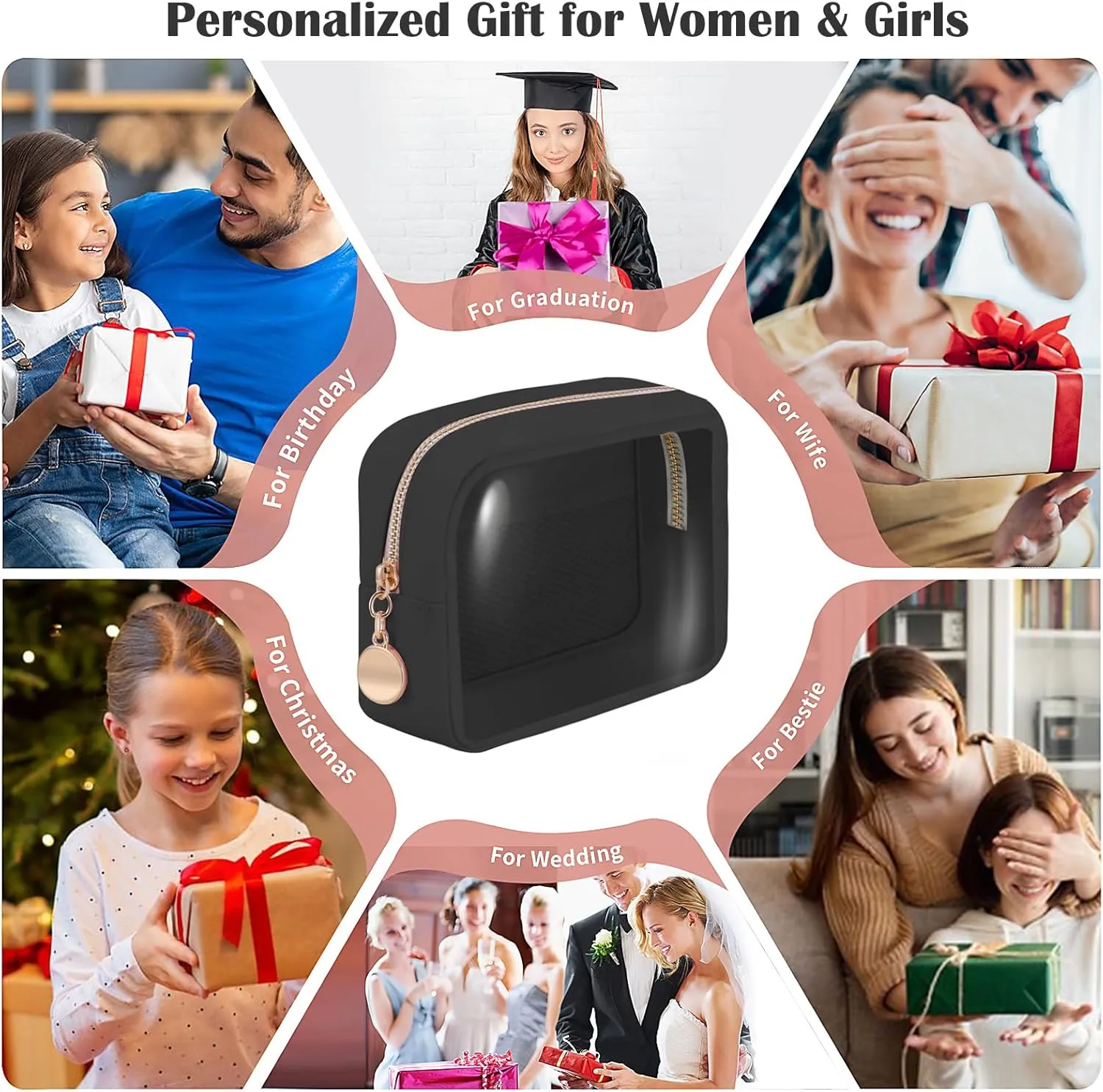Personalized Initial Clear Bags Set, Clear Cosmetic Bags,Make Up Pouches, Clear Pouch for Organization, Clear Toiletry Travel Bag,Gifts for Women (A, Black (1 Mini))