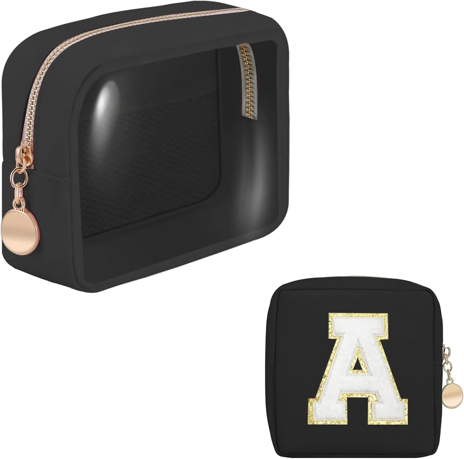 Personalized Initial Clear Bags Set, Clear Cosmetic Bags,Make Up Pouches, Clear Pouch for Organization, Clear Toiletry Travel Bag,Gifts for Women (A, Black (1 Mini))