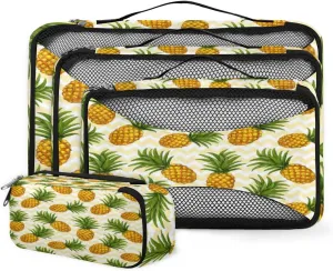 Pineapple Pattern 4 Piece Packing Travel Organizer Cubes Set Mesh Fabric Ventilate Design Lightweight Travel Accessories 4 Sizes (Extra Large, Large, Medium, Small)