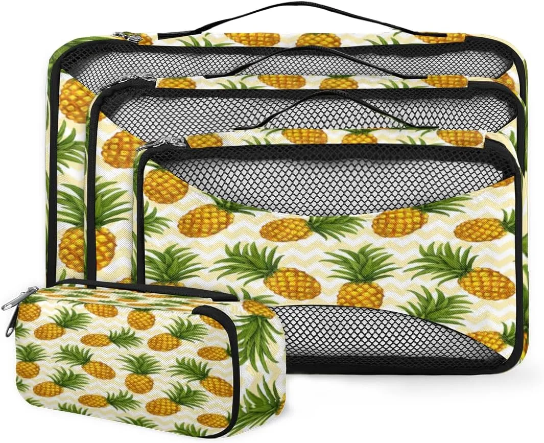 Pineapple Pattern 4 Piece Packing Travel Organizer Cubes Set Mesh Fabric Ventilate Design Lightweight Travel Accessories 4 Sizes (Extra Large, Large, Medium, Small)