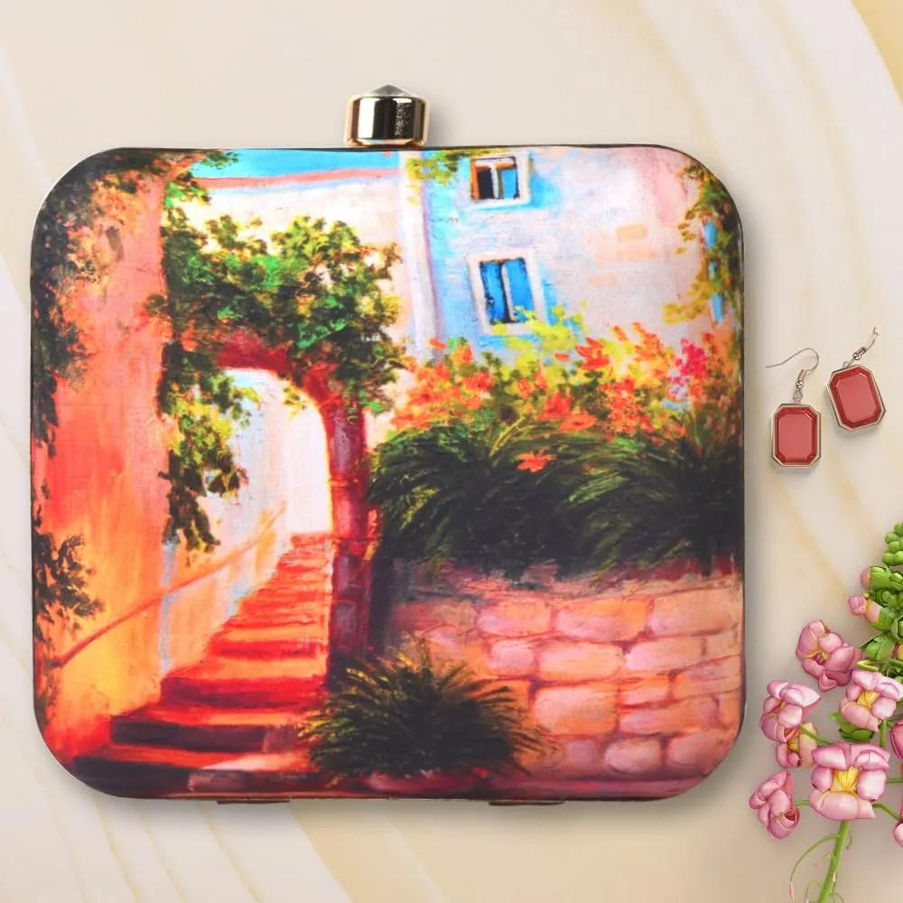 Printed Square Clutch Bags Formal Party Wedding Purses Cocktail Prom Casual Tote Handbags Clutch Box Bag with Detachable Chain Strap (Design 9)