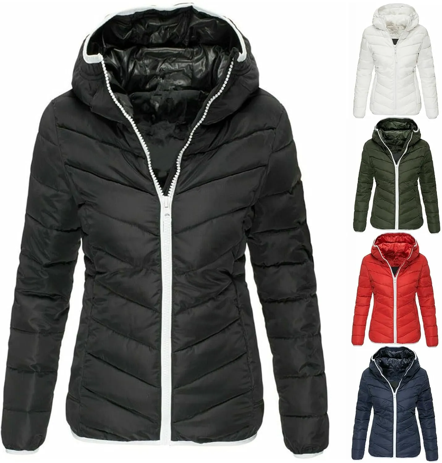 Puffer Coat Women Lightweight Puffy Jacket Packable Hooded Winter Down Coat Long Sleeve Zip Up Padded Fall Clothes