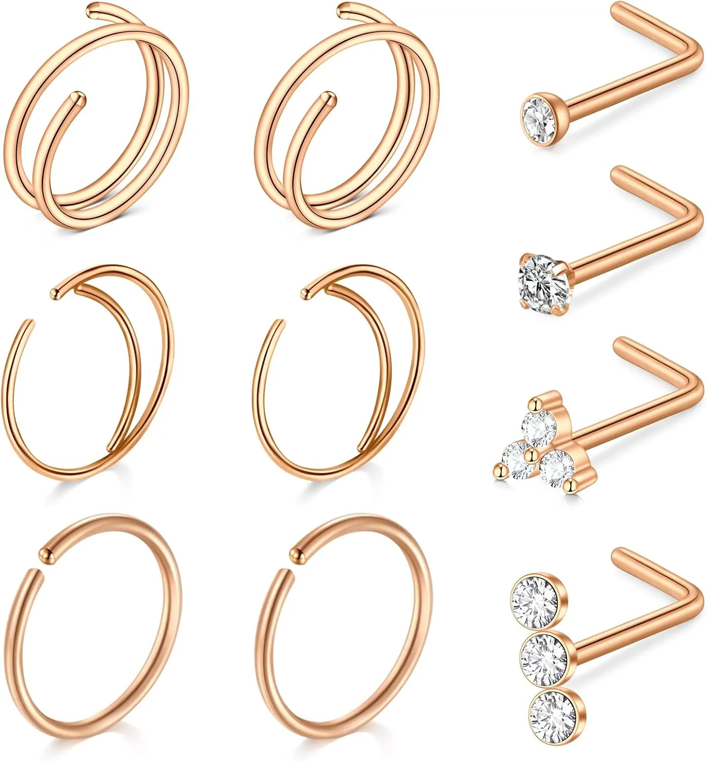 QWALIT 18g & 20g Nose Rings & Hoops - L & C Shape Studs - Surgical Stainless Steel & Silver Nose Piercing Jewelry - Rose Gold & Black - For Women & Men