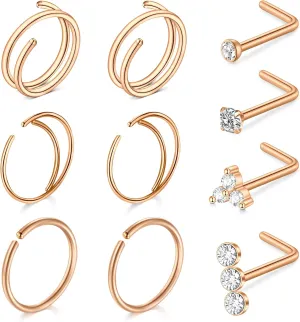 QWALIT 18g & 20g Nose Rings & Hoops - L & C Shape Studs - Surgical Stainless Steel & Silver Nose Piercing Jewelry - Rose Gold & Black - For Women & Men