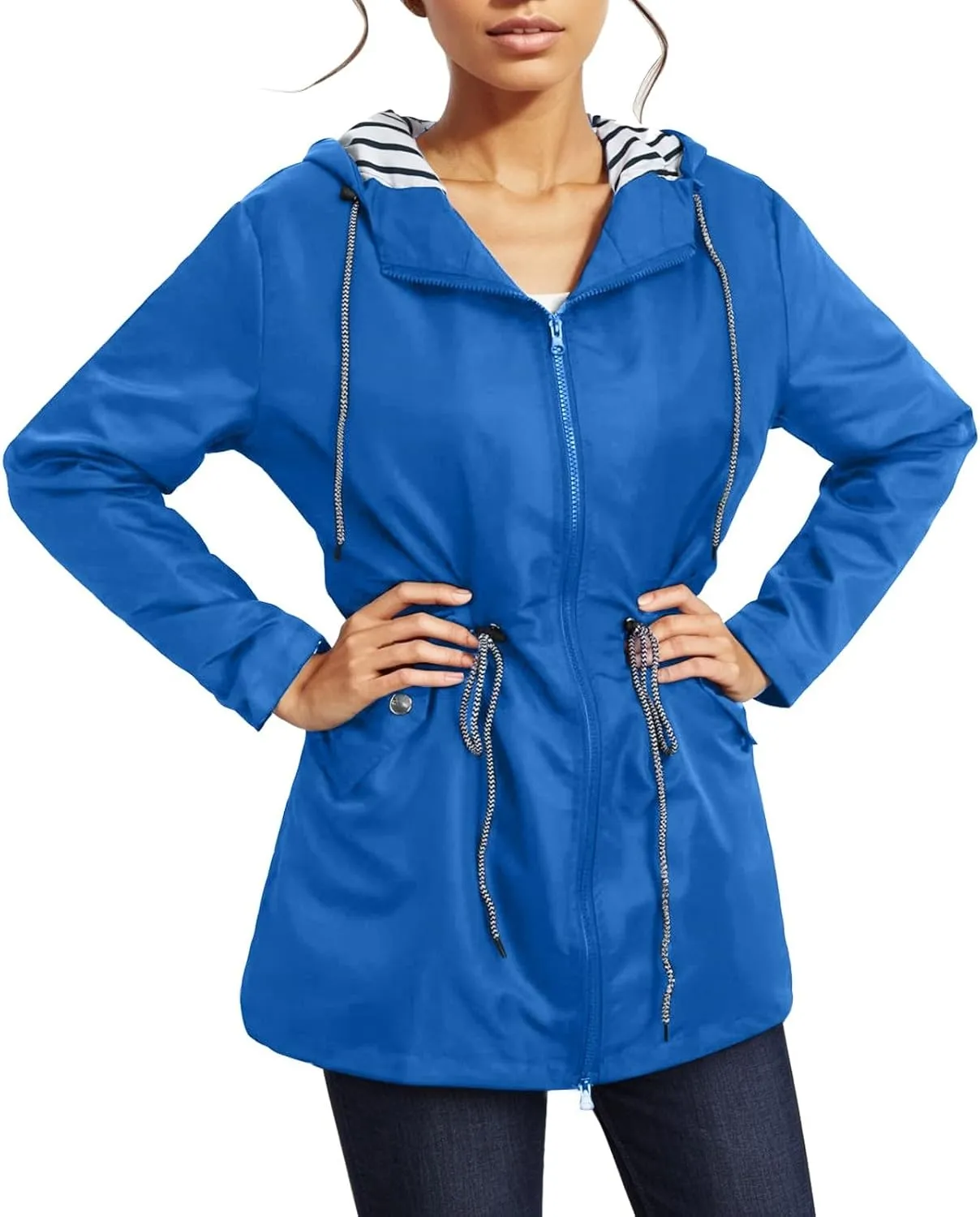 Rain Coats for Women Plus Size Waterproof Hoodie Jacket Windbreaker Lightweight Drawstring Raincoat with Pockets