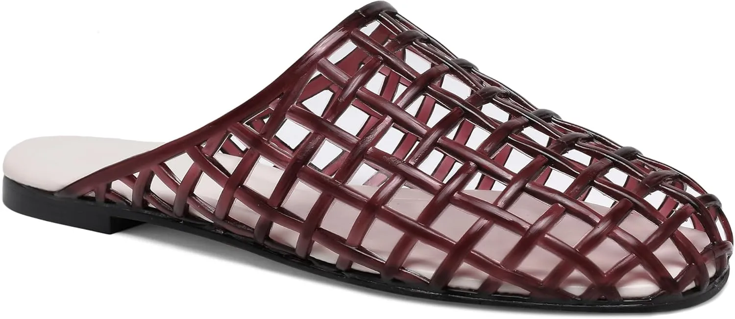 Red Mesh Jelly Mules for Women Clear Hollow Closed Toe Flat Sandals Beach Jellies Slippers Summer Slide Shoes