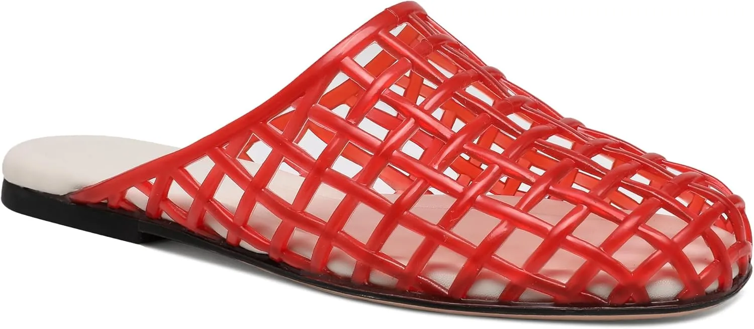 Red Mesh Jelly Mules for Women Clear Hollow Closed Toe Flat Sandals Beach Jellies Slippers Summer Slide Shoes