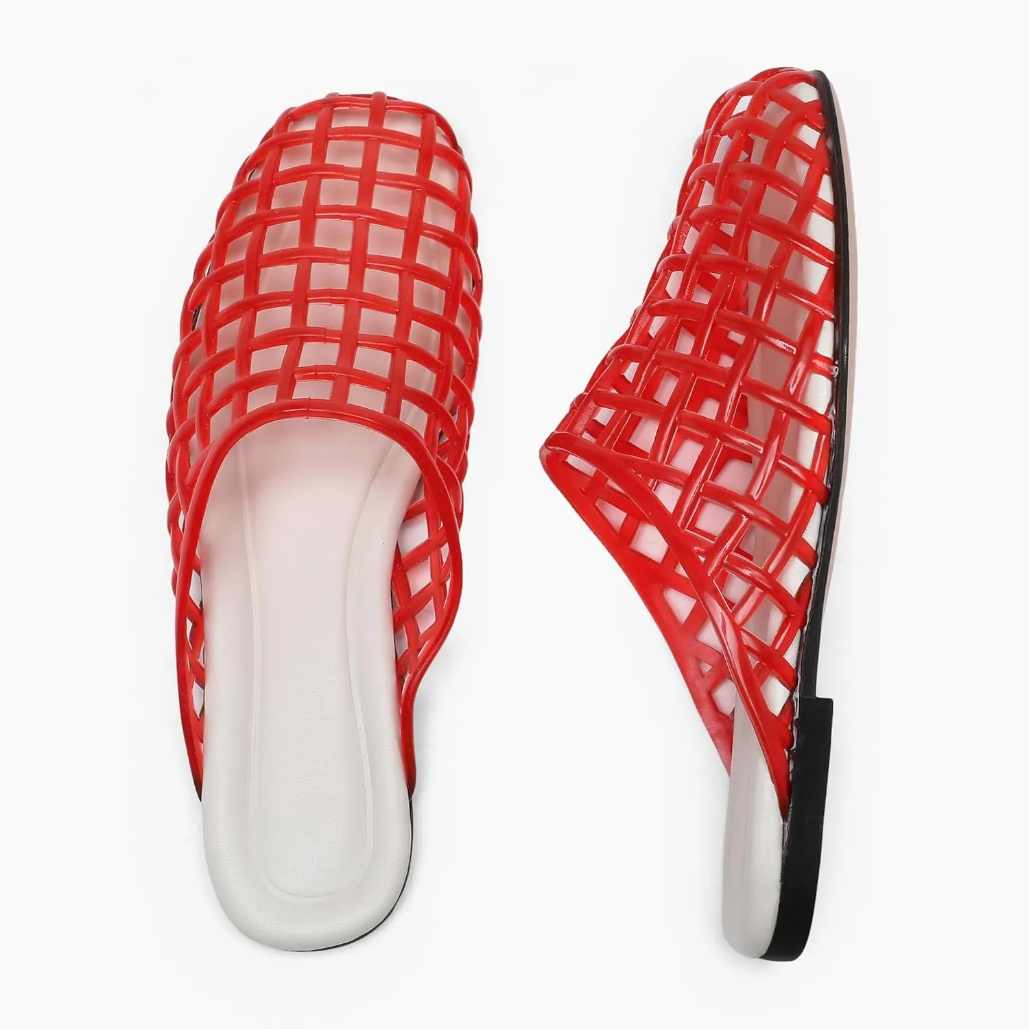 Red Mesh Jelly Mules for Women Clear Hollow Closed Toe Flat Sandals Beach Jellies Slippers Summer Slide Shoes