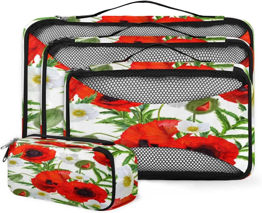 Red Poppies Leaves 4 Piece Packing Travel Organizer Cubes Set Mesh Fabric Ventilate Design Lightweight Travel Accessories 4 Sizes (Extra Large, Large, Medium, Small)