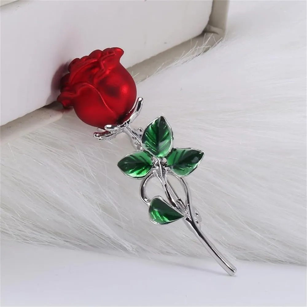 Red Rose Flower Brooch for Women Girls Cute Floral Green Leaf Lapel Pin Accessories Boutonniere Corsage for Hat Bag Suit Tie for Party Dance Wedding Banquet Jewelry