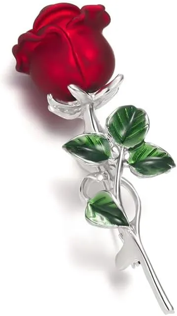 Red Rose Flower Brooch for Women Girls Cute Floral Green Leaf Lapel Pin Accessories Boutonniere Corsage for Hat Bag Suit Tie for Party Dance Wedding Banquet Jewelry