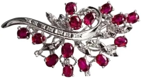 rkjewellry_store || 14k White Gold Finish 925 Silver 2.00Ct Oval Cut Ruby & Diamond Floral Style Women's Gift Brooch Pin