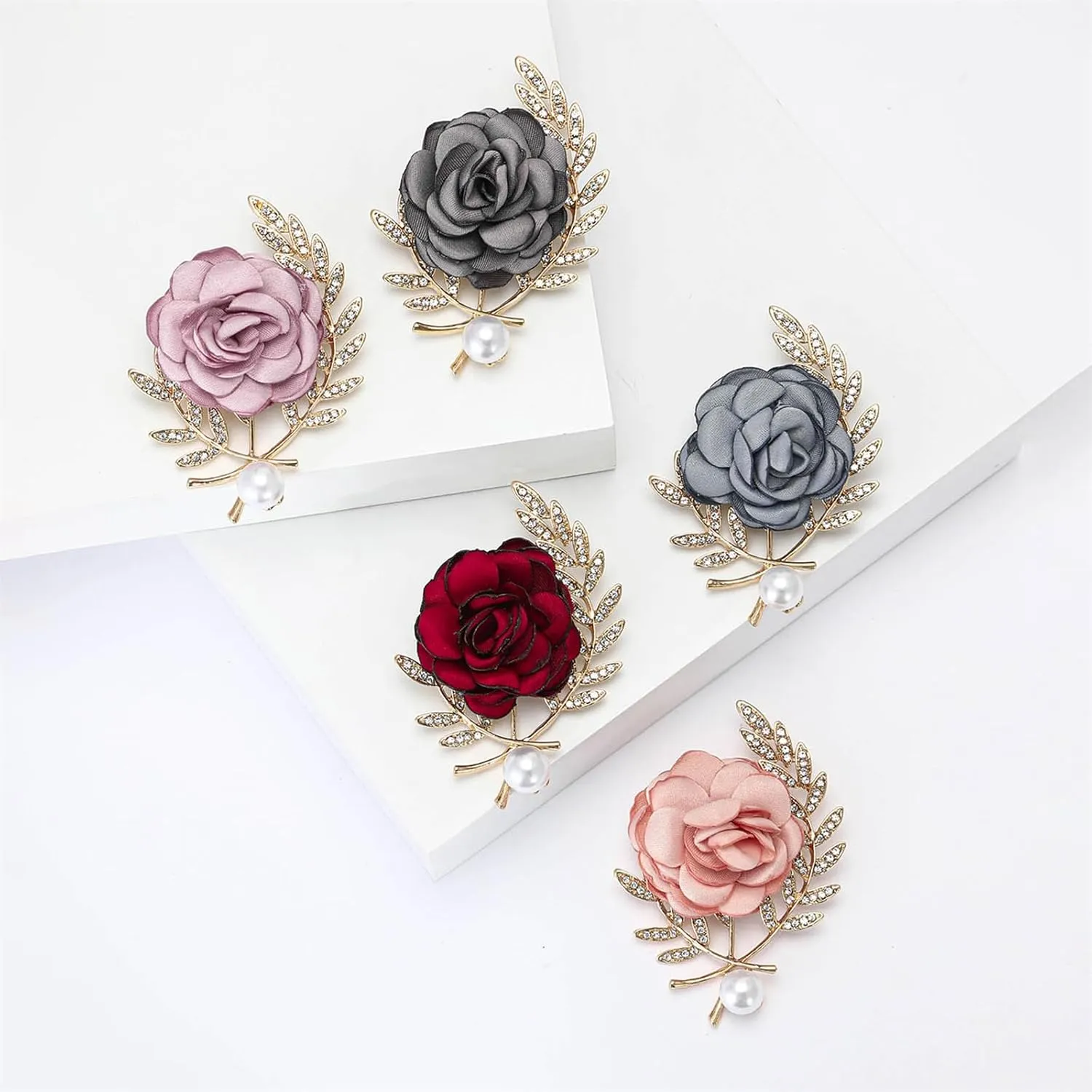 Rose Brooch for Women,Dainty Satin Fabric Flower Lapel Pins Vintage Elegant Pearl Brooches Handmade Crystal Pearl Pins Silk Camellia Safety Collar Pin Dress Suit Accessories Wedding Bridal Bouquet Jewelry