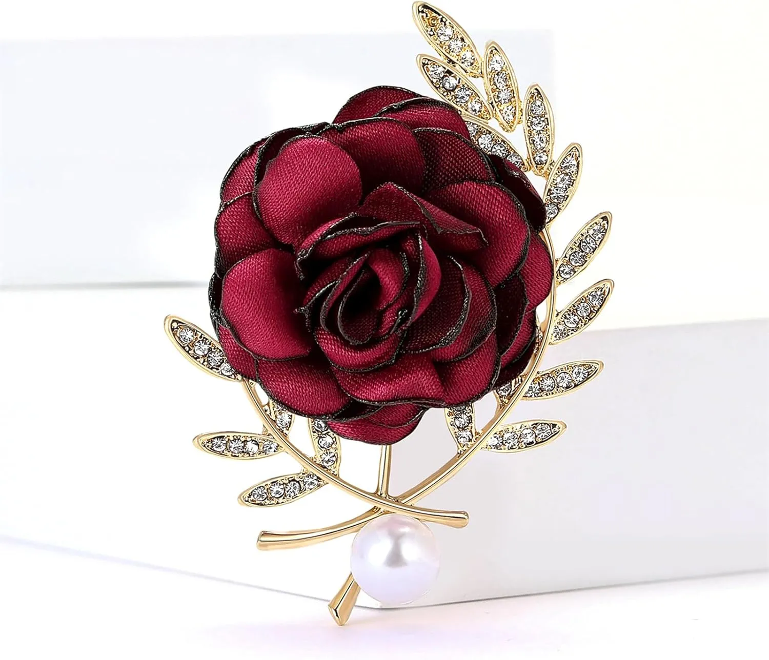 Rose Brooch for Women,Dainty Satin Fabric Flower Lapel Pins Vintage Elegant Pearl Brooches Handmade Crystal Pearl Pins Silk Camellia Safety Collar Pin Dress Suit Accessories Wedding Bridal Bouquet Jewelry