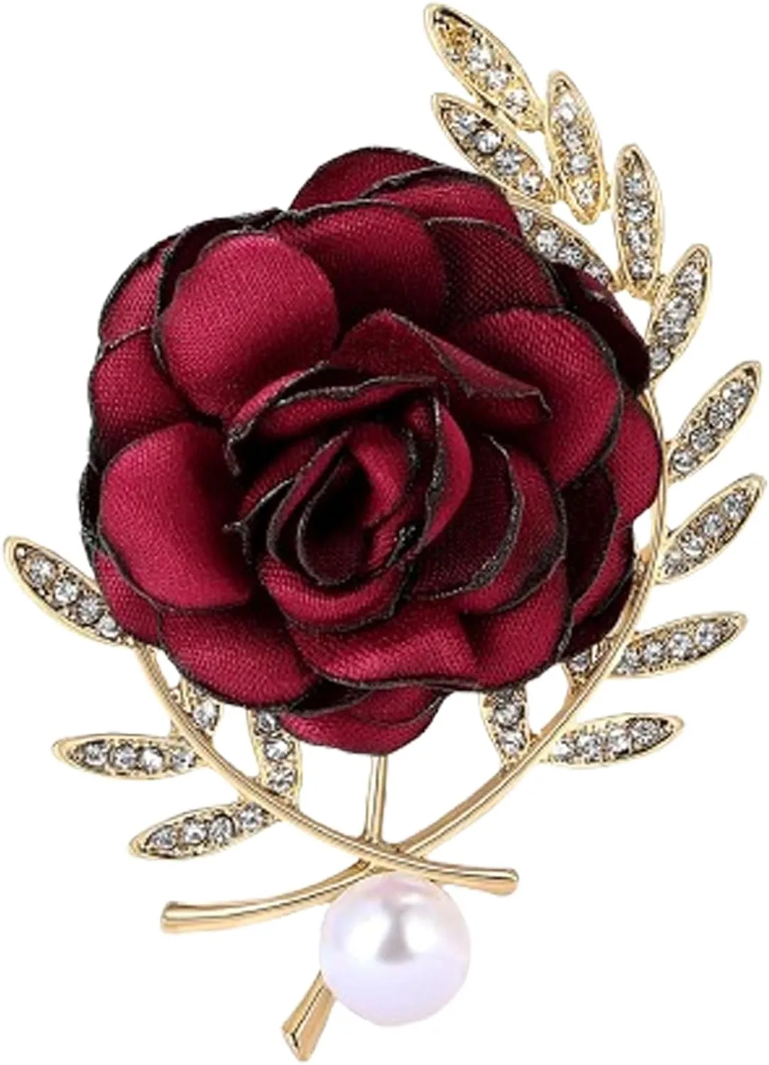 Rose Brooch for Women,Dainty Satin Fabric Flower Lapel Pins Vintage Elegant Pearl Brooches Handmade Crystal Pearl Pins Silk Camellia Safety Collar Pin Dress Suit Accessories Wedding Bridal Bouquet Jewelry