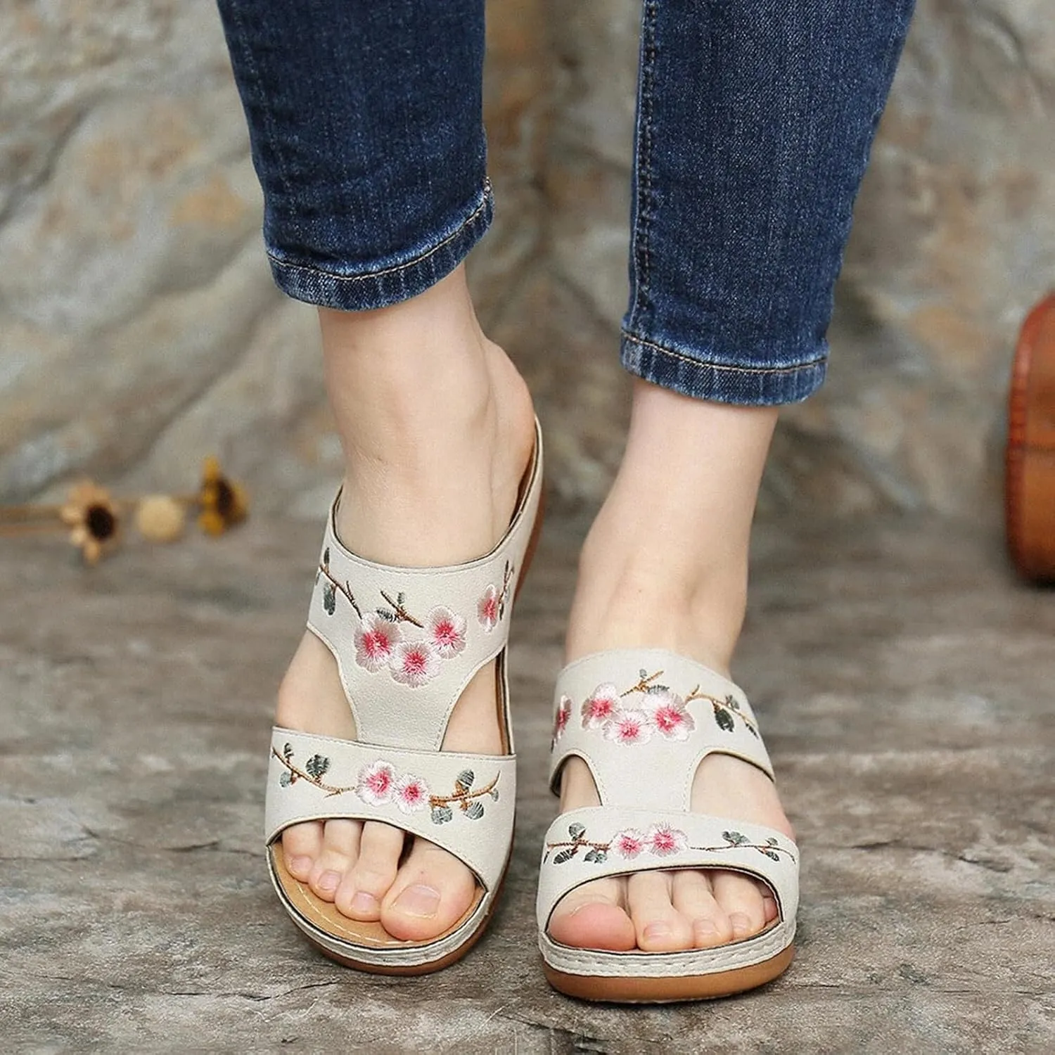 Sandals Women Dressy Orthopedic Sandals Summer Comfort Shoes with Arch Support Low Wedge Sandal Open Toe Slip On Slippers Platform Wedges Lightweight Walking Shoe Orthowear Shoes Wide Width