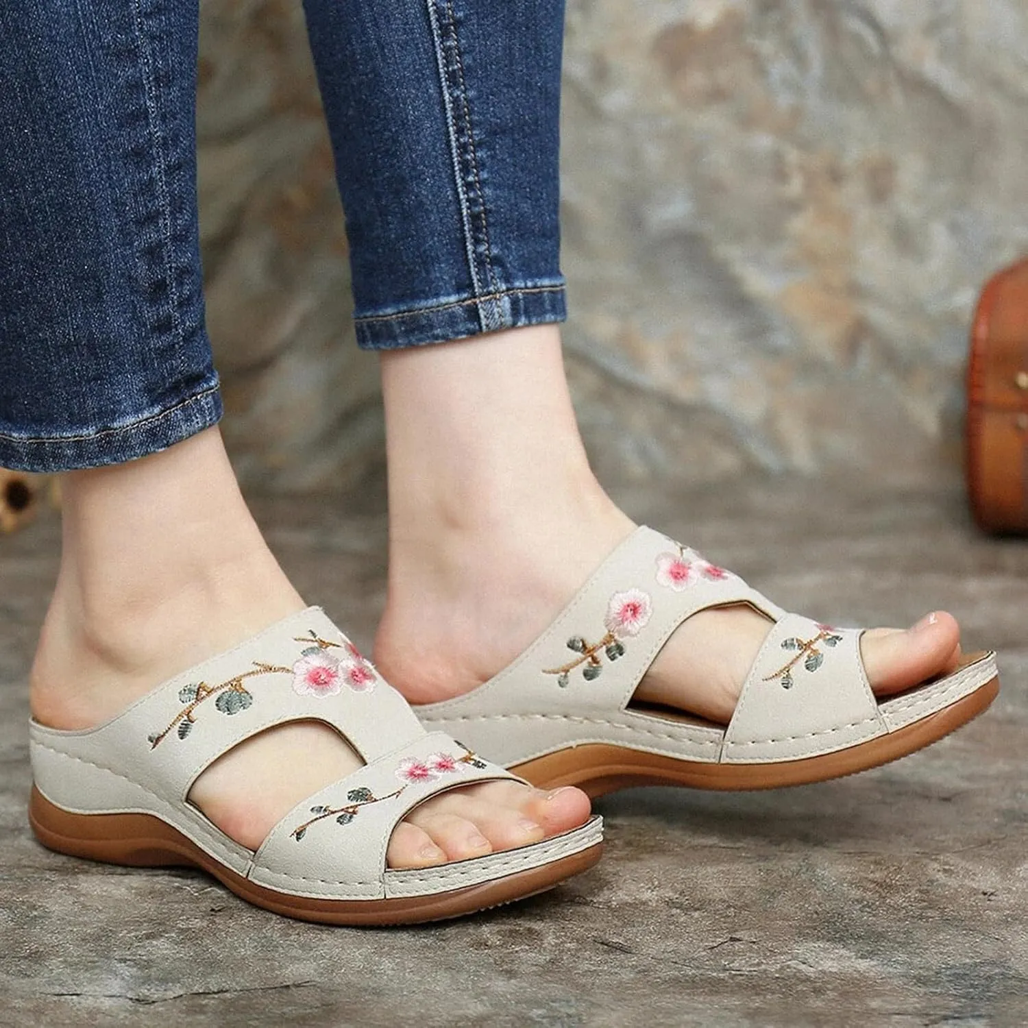 Sandals Women Dressy Orthopedic Sandals Summer Comfort Shoes with Arch Support Low Wedge Sandal Open Toe Slip On Slippers Platform Wedges Lightweight Walking Shoe Orthowear Shoes Wide Width