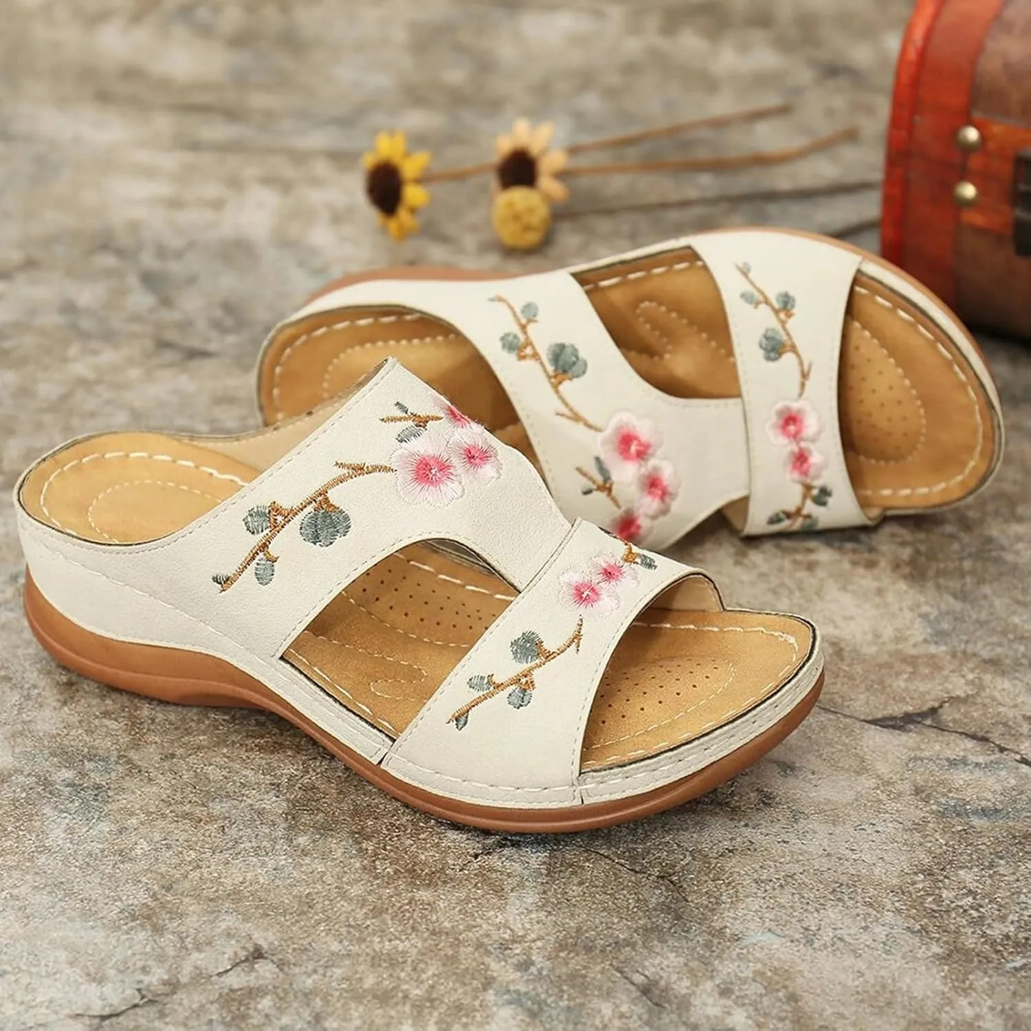 Sandals Women Dressy Orthopedic Sandals Summer Comfort Shoes with Arch Support Low Wedge Sandal Open Toe Slip On Slippers Platform Wedges Lightweight Walking Shoe Orthowear Shoes Wide Width
