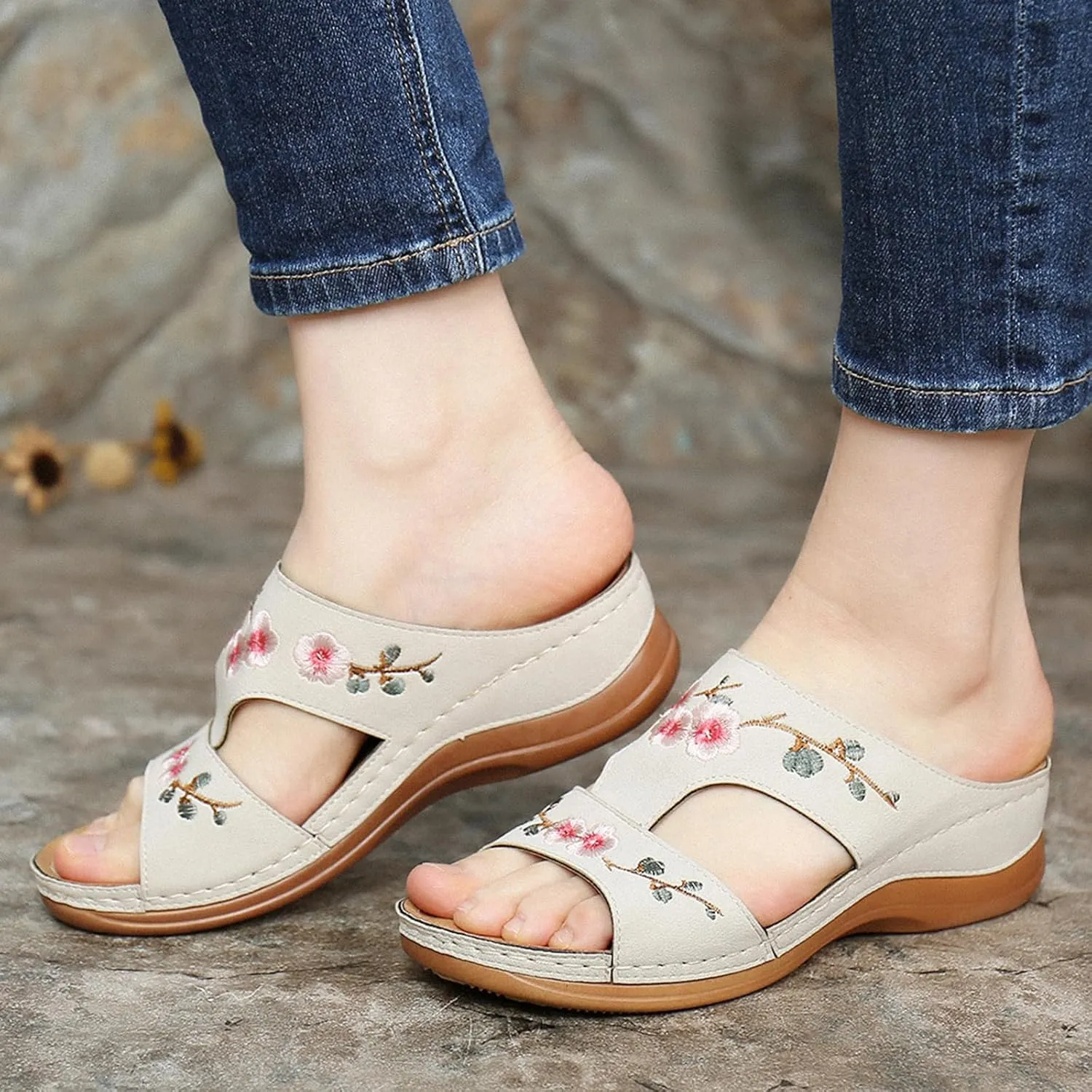 Sandals Women Dressy Orthopedic Sandals Summer Comfort Shoes with Arch Support Low Wedge Sandal Open Toe Slip On Slippers Platform Wedges Lightweight Walking Shoe Orthowear Shoes Wide Width