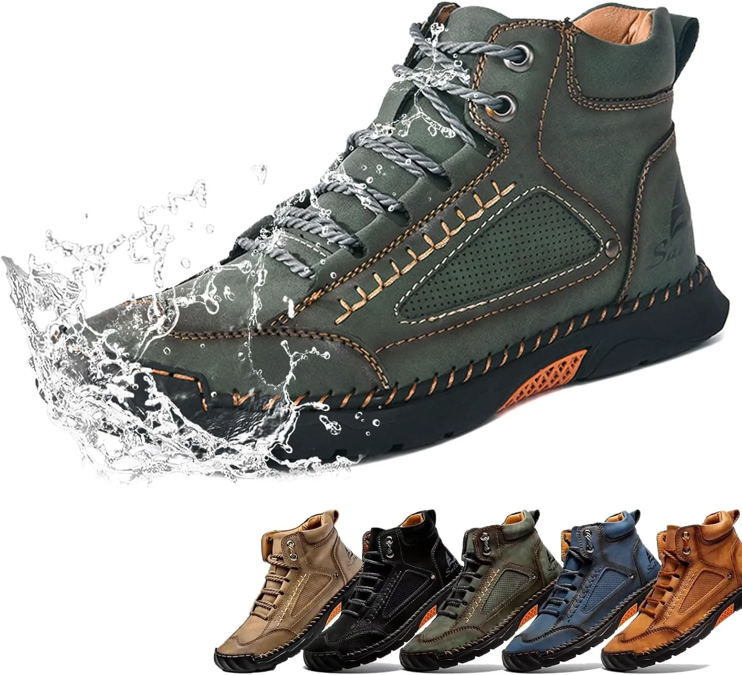 Sawbehind Men's Comfortable Handmade Leather Boots, 2025 New Sawbehind Mens Boots, Wide Toe Box Outdoor Leather Shoes, Waterproof, Arch Support
